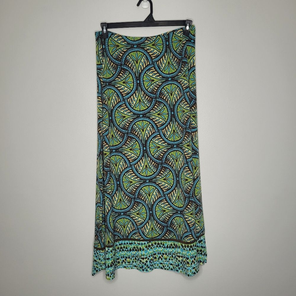 Y2k Bisou Bisou Green Brown Abstract Print Pull On Slit Vacation Midi Maxi Skirt